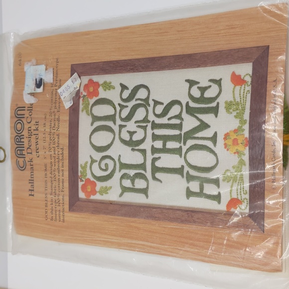 Vintage Caron Hallmark Design Crewel Kit God Bless This Home Green Orang… - Picture 2 of 7